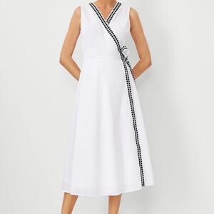 NWT Ann Taylor White Sleeveless wrap cotton Dress with Black embroidered Trim